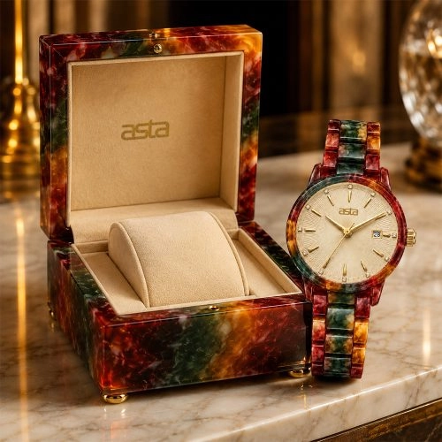 asta-Women Acetate Japan Quartz Watch Crimson & Sage Fusion 23001-Acetate Strap