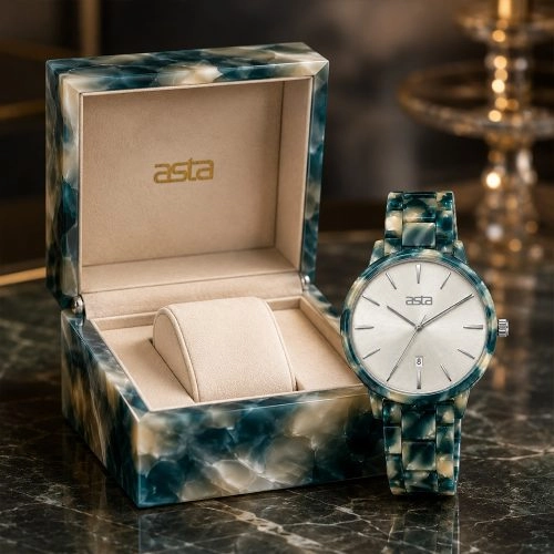 asta-Women Acetate Japan Quartz Watch Glacial Jade Swirl 23101-Acetate Strap