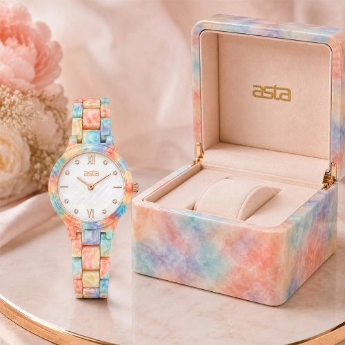 asta-Women Acetate Japan Quartz Watch Rainbow Opal Matrix 23301-Acetate Strap