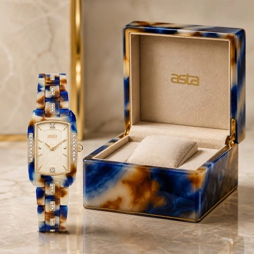 Montre à quartz pour femme Asta en acétate, fabriquée au Japon, modèle « Cobalt Amber Matrix Essence » 23401, avec bracelet en acétate