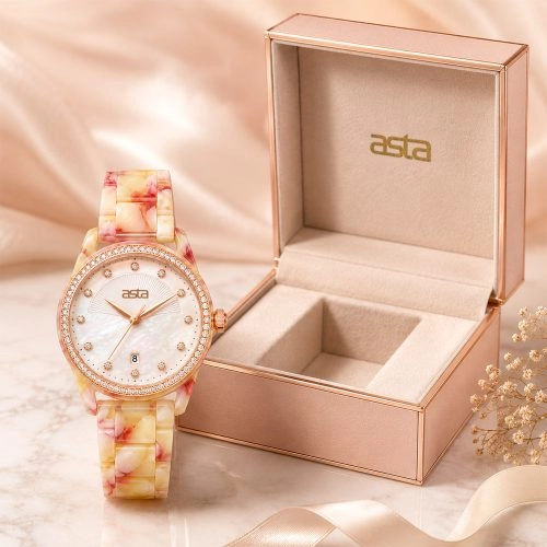 asta-Women Acetate Japan Quartz Watch Peach Cream Opal Swirl 23701-Acetate Strap