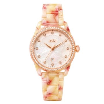 asta-Women Acetate Japan Quartz Watch Peach Cream Opal Swirl 23701-Acetate Strap