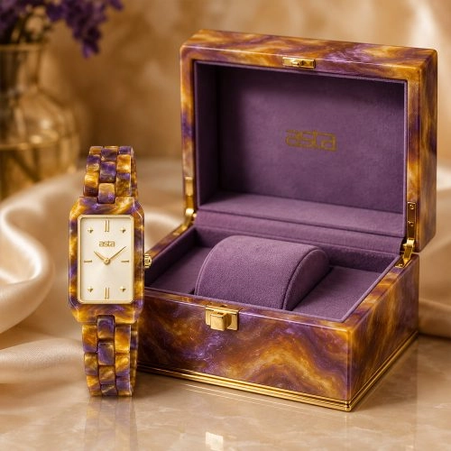 asta-Women Acetate Japan Quartz Watch Amber & Amethyst Matrix Swirl 23901-Acetate Strap