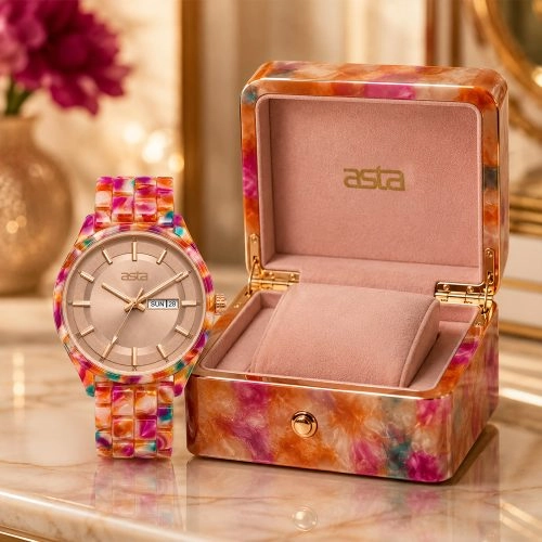asta-Women Acetate Japan Quartz Watch Fuchsia Sorbet Matrix Swirl 24101-Acetate Strap