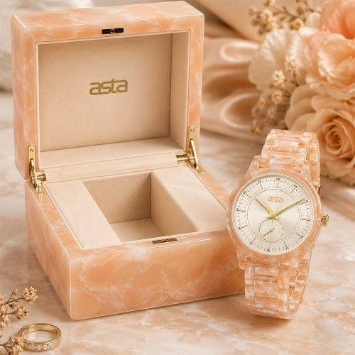 asta-Women Acetate Japan Quartz Watch Champagne Mastic Amber Swirl 24401-Acetate Strap