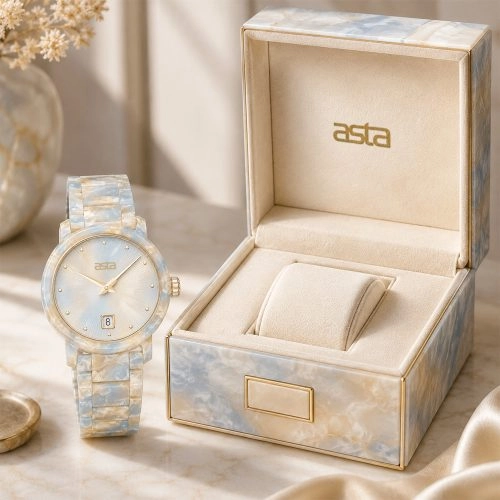 asta-Women Acetate Japan Quartz Watch Polar Ice & Ivory Pearl Swirl 24801-Acetate Strap