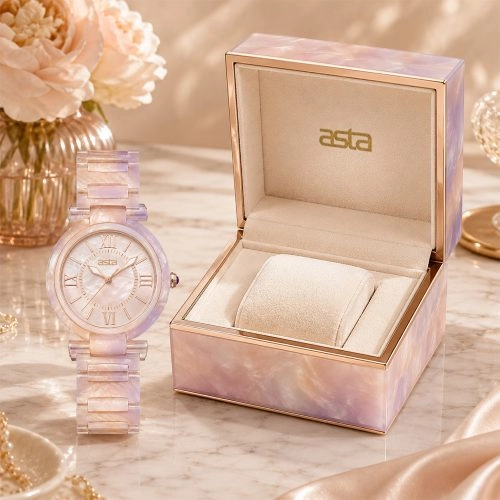 asta-Women Acetate Japan Quartz Watch Lavender Cream Quartz Swirl 24901-Acetate Strap