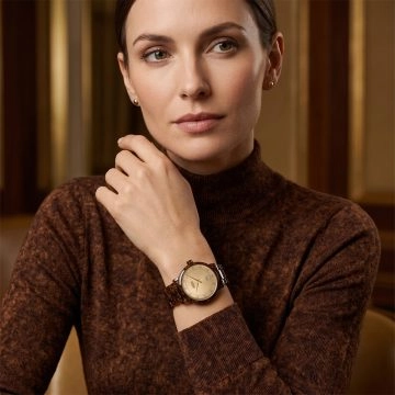 asta-Women Acetate Japan Quartz Watch Gilded Amber & Obsidian Swirl 25101-Acetate Strap