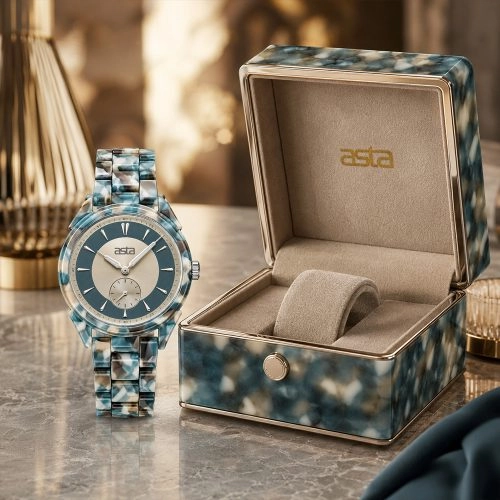 asta-Women Acetate Japan Quartz Watch Icelandic Teal & Granite Swirl 25201-Acetate Strap