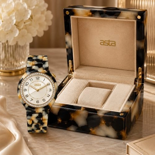 Montre-bracelet pour femme Asta en acétate, mouvement à quartz japonais, modèle classique « Calacatta Tortoise Swirl » 25301, bracelet en acétate