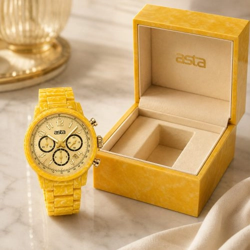 Reloj de cuarzo para mujer de Asta, de acetato, fabricado en Japón, color «Lemon Sorbet Gold Quartz Swirl», 25601, con correa de acetato
