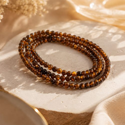 asta-Acetate Beaded Bracelet  Gilded Amber & Obsidian Swirl-6mm-0401