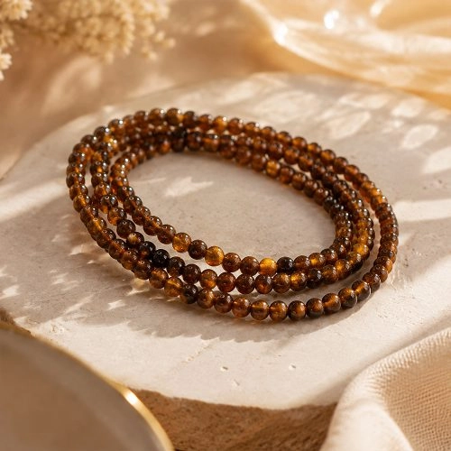 asta-Acetate Beaded Bracelet  Gilded Amber & Obsidian Swirl-6mm-0401