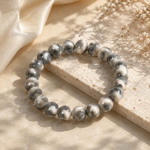 asta-Acetate Beaded Bracelet  Silver Taupe Veil-8mm-0204