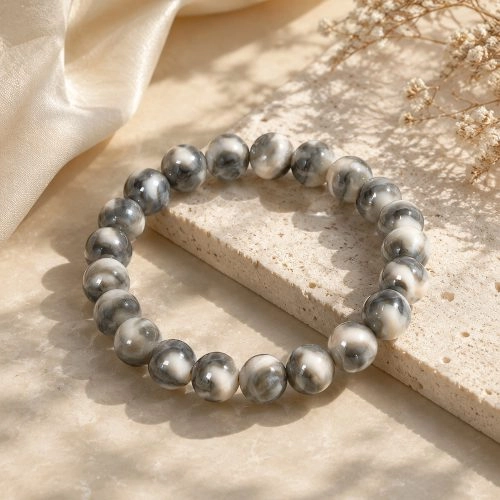 asta-Acetate Beaded Bracelet  Silver Taupe Veil-8mm-0204