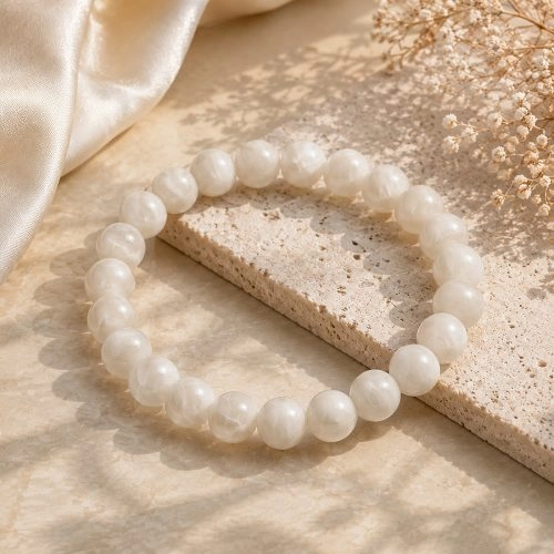 asta-Acetate Beaded Bracelet  Moon White Feather Glow-8mm-0209