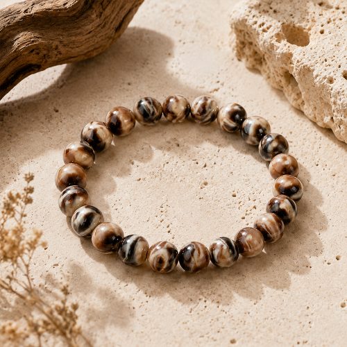 asta-Acetate Beaded Bracelet  Mocha Shell Mosaic-8mm-0212