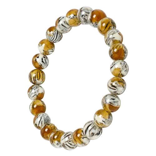 asta-Acetate Beaded Bracelet  Gilded Tiger Striped Amber Swirl-8mm-0214