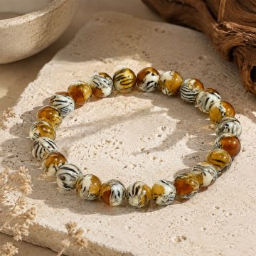 asta-Acetate Beaded Bracelet  Gilded Tiger Striped Amber Swirl-8mm-0214