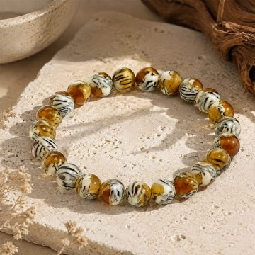 asta-Acetate Beaded Bracelet  Gilded Tiger Striped Amber Swirl-8mm-0214