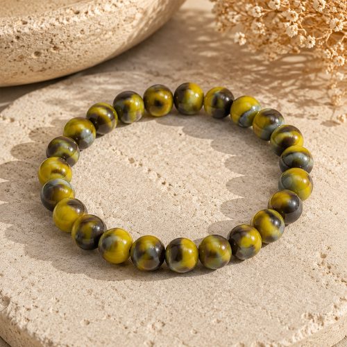 asta-Acetate Beaded Bracelet  Olive Silver Mosaic-8mm-0224