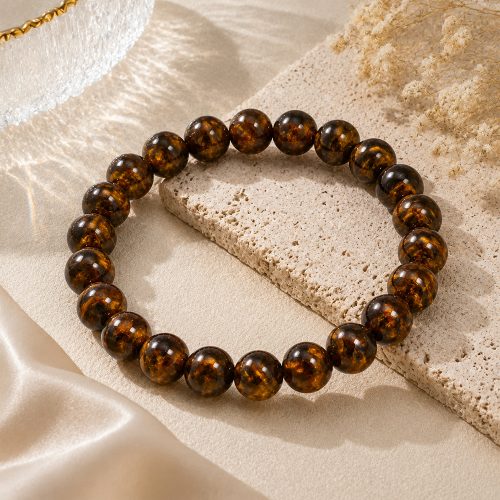 asta-Acetate Beaded Bracelet  Gilded Amber & Obsidian Swirl-8mm-0245