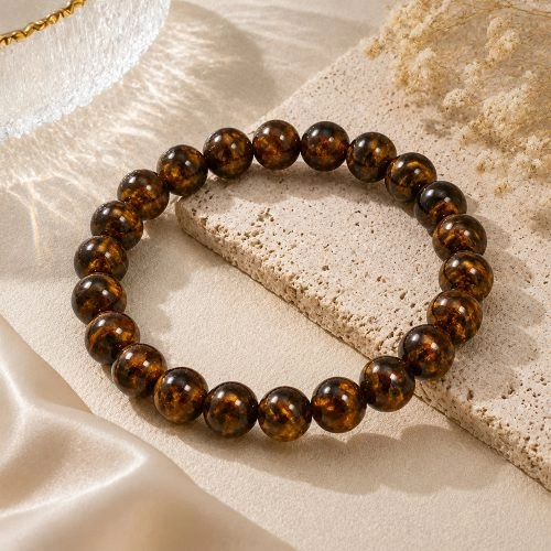 asta-Acetate Beaded Bracelet  Gilded Amber & Obsidian Swirl-8mm-0245
