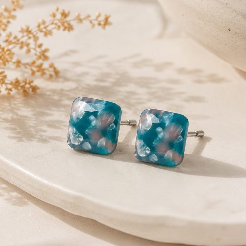 asta-Acetate Earrings Teal Ice-Crush Swirl-0305